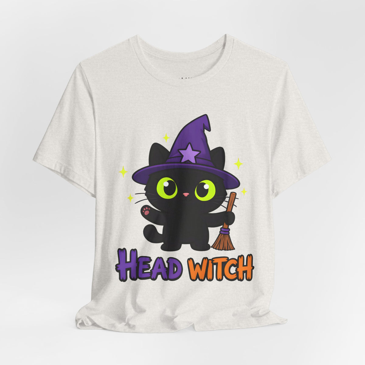 Head Witch Black Cat Halloween T-Shirt for Adults in Heather Cement, front