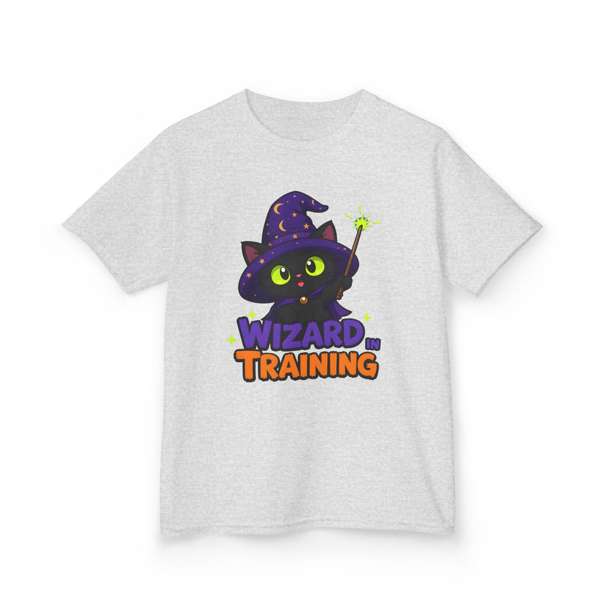 Wizard in Training Black Cat Kids Halloween T-Shirt in Ash, front
