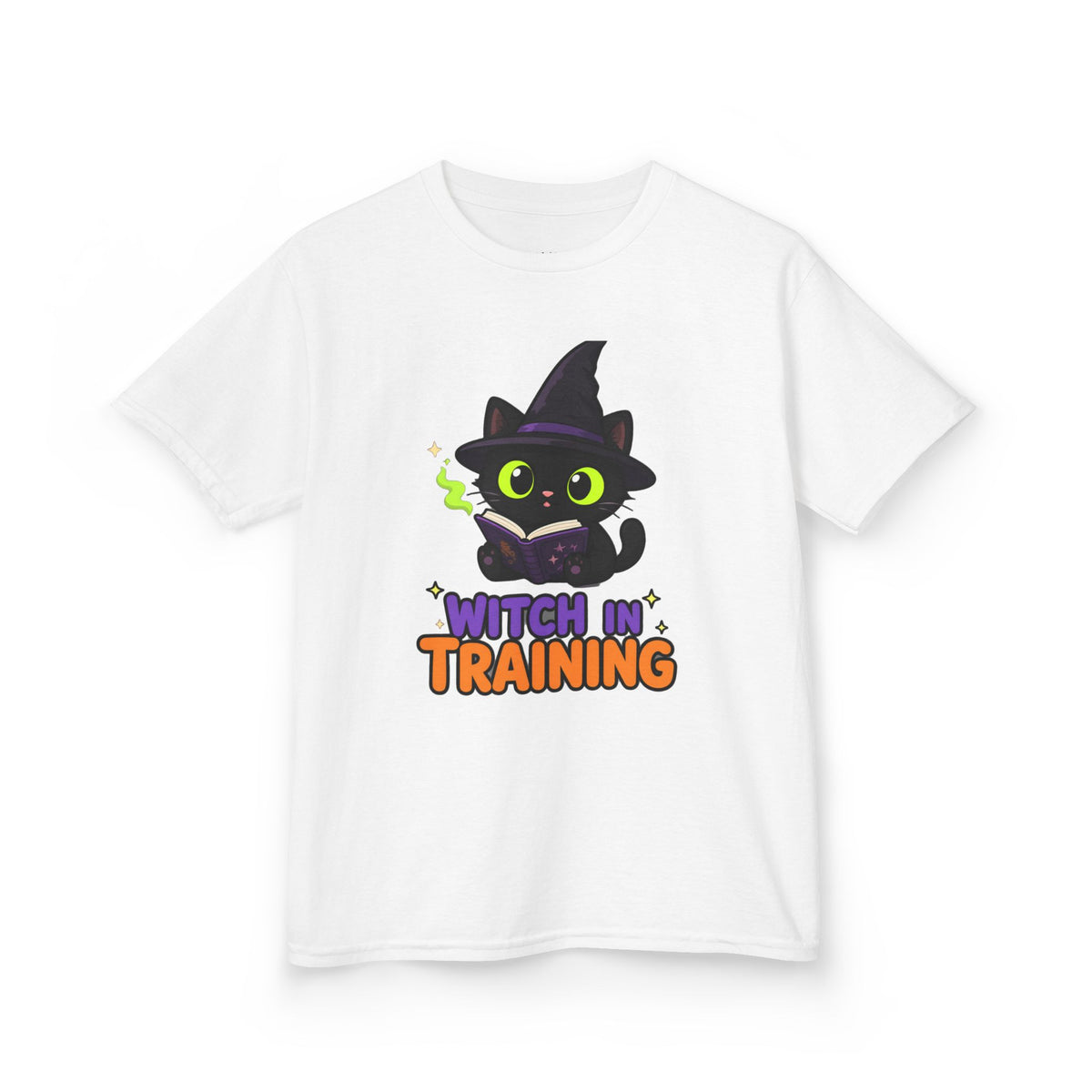 Witch in Training Black Cat Kids Halloween T-Shirt in White, front