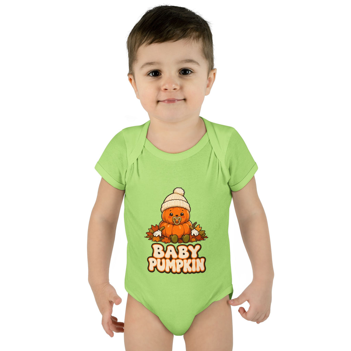 Toddler wearing the Baby Pumpkin First Halloween Baby Bodysuit in Key Lime