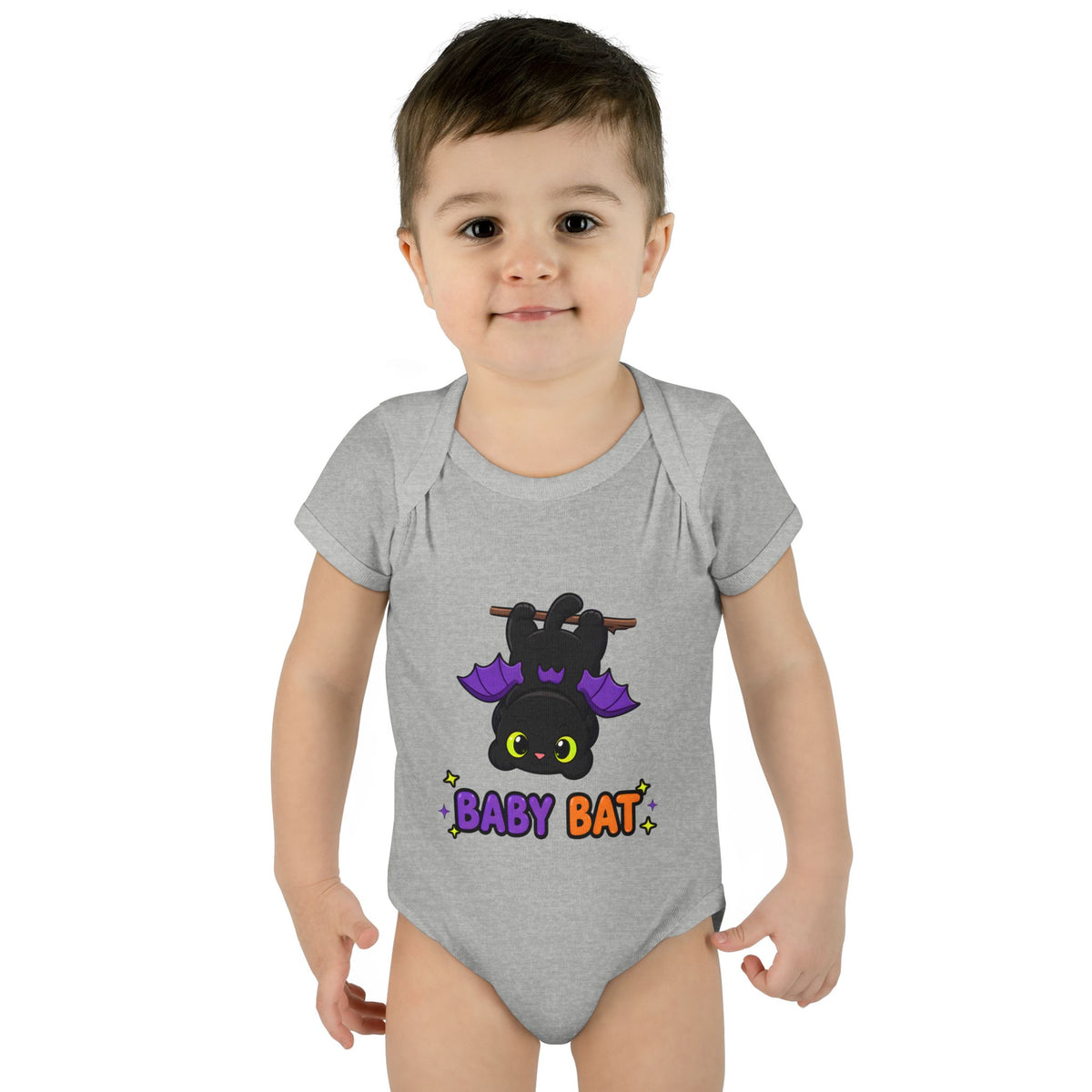 Toddler wearing the Baby Bat Black Cat Baby Halloween Bodysuit in Heather