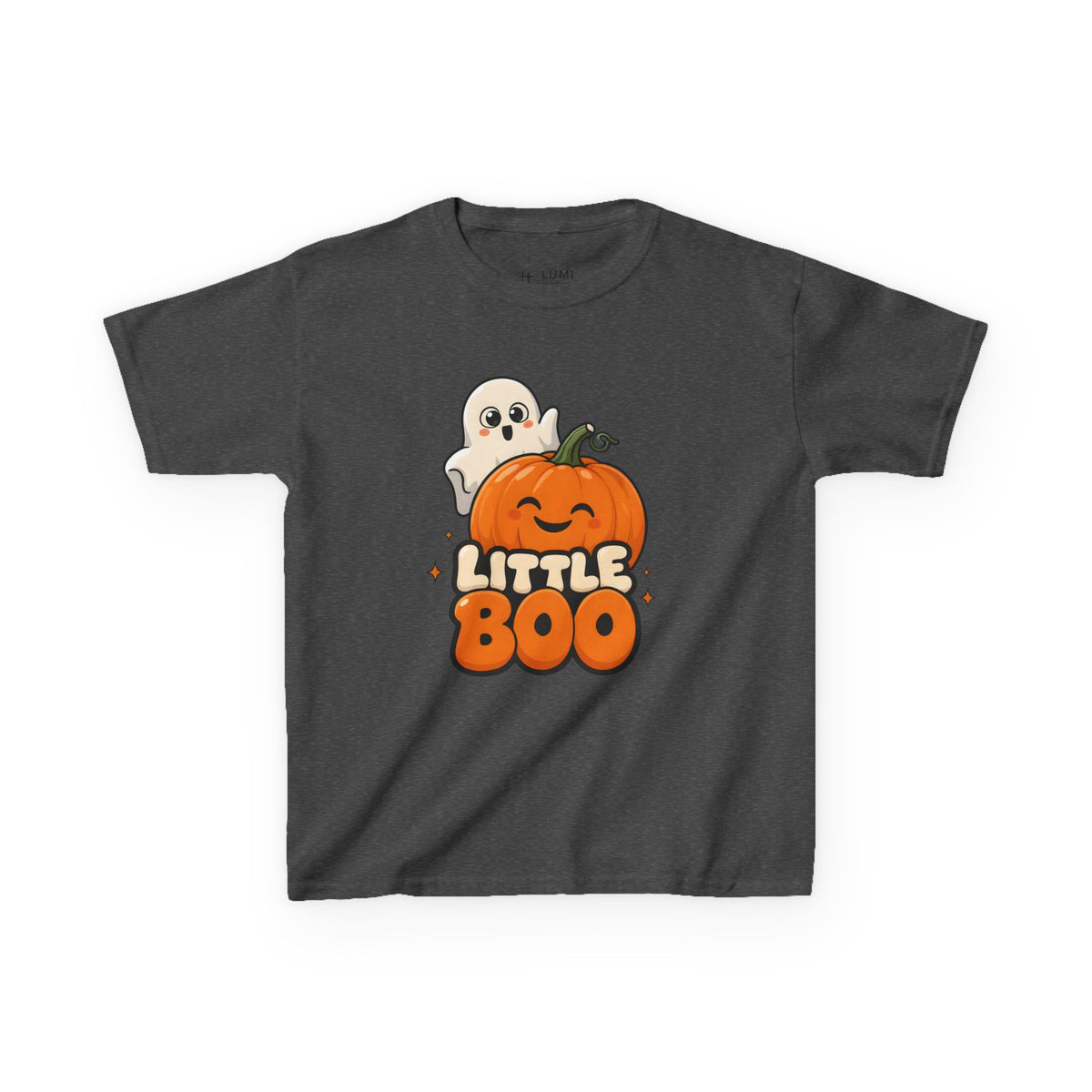 Little Boo Ghost and Pumpkin Kids Halloween T-Shirt in Dark Heather, front