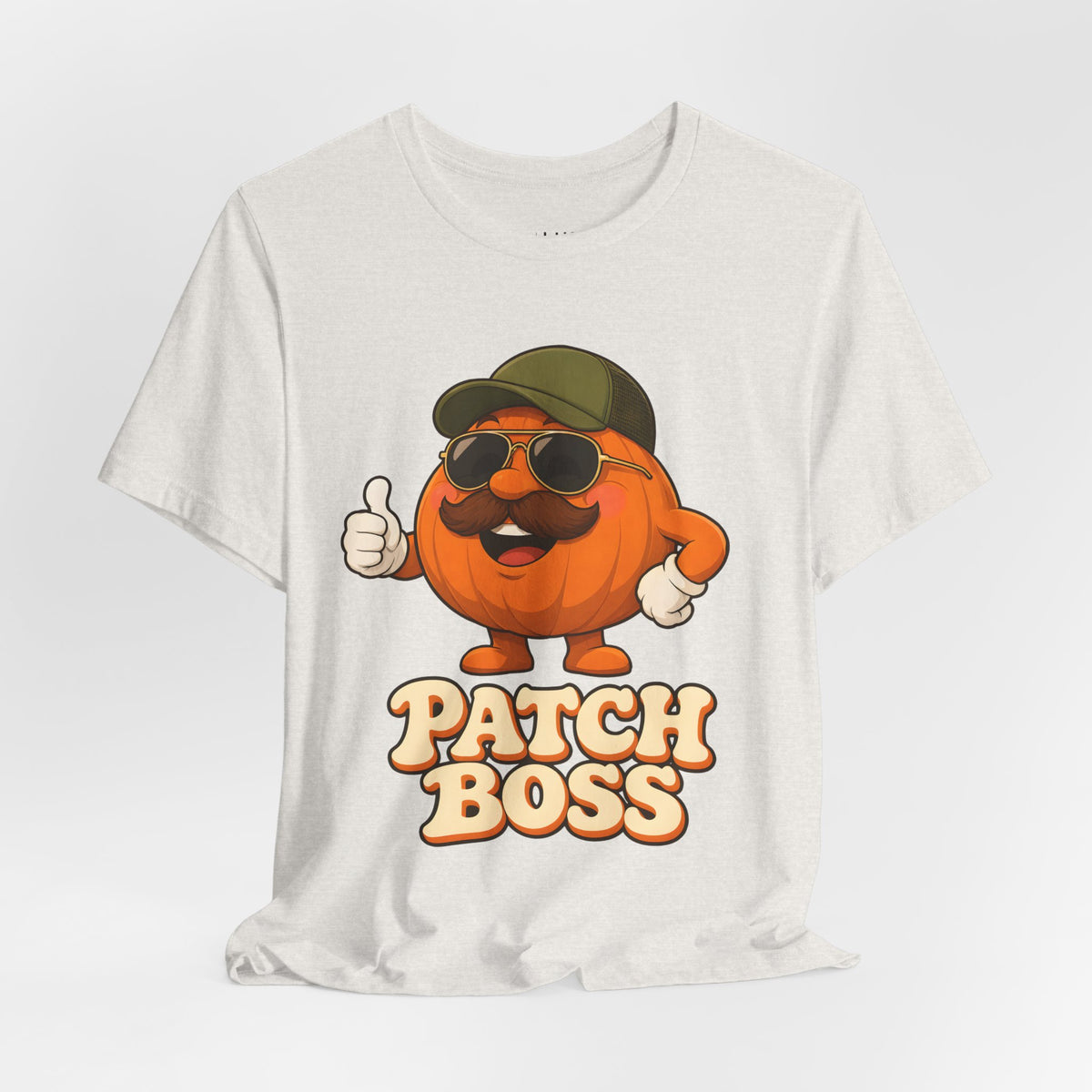 Patch Boss Funny Pumpkin Dad Halloween T-Shirt for Adults in Heather Cement, front