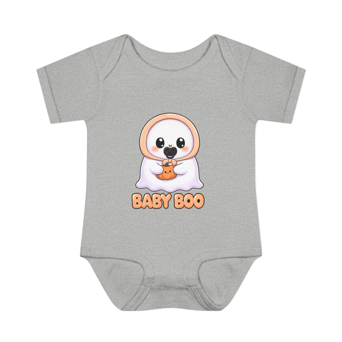 Baby Boo Cute Ghost Baby Halloween Bodysuit in Heather, front