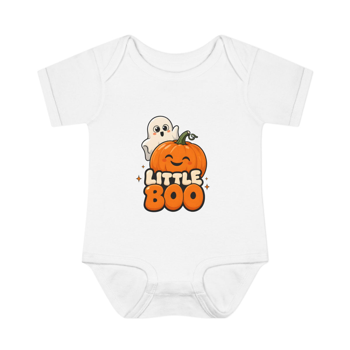 Little Boo Ghost and Pumpkin Baby Halloween Bodysuit in White, front