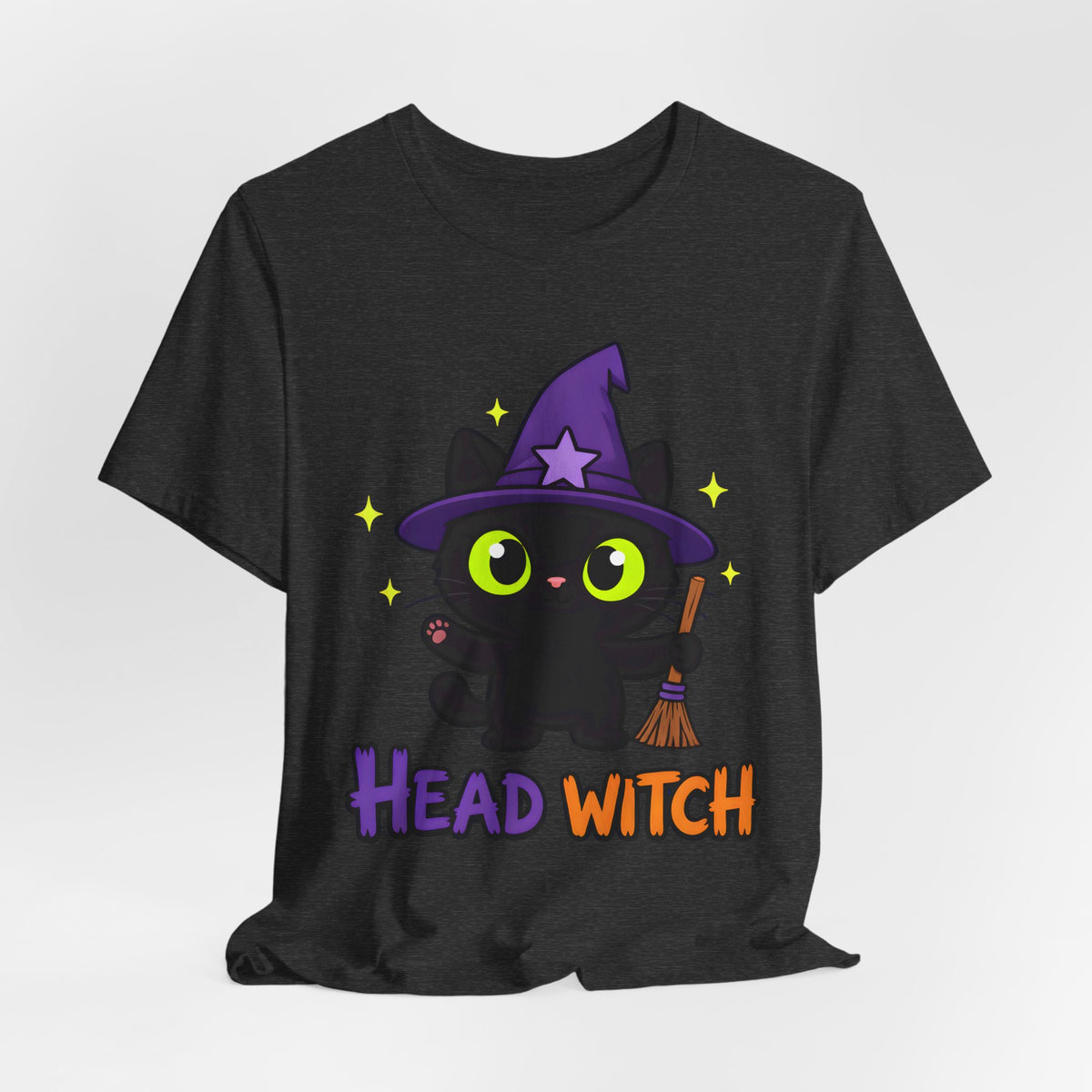 Head Witch Black Cat Halloween T-Shirt for Adults in Dark Grey Heather, front