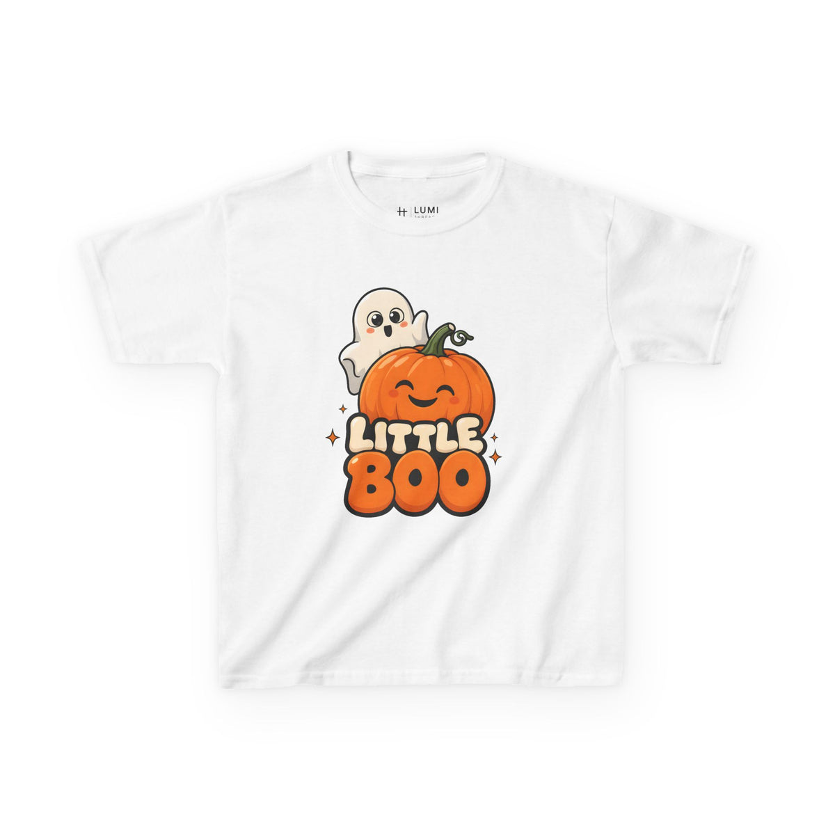 Little Boo Ghost and Pumpkin Kids Halloween T-Shirt in White, front
