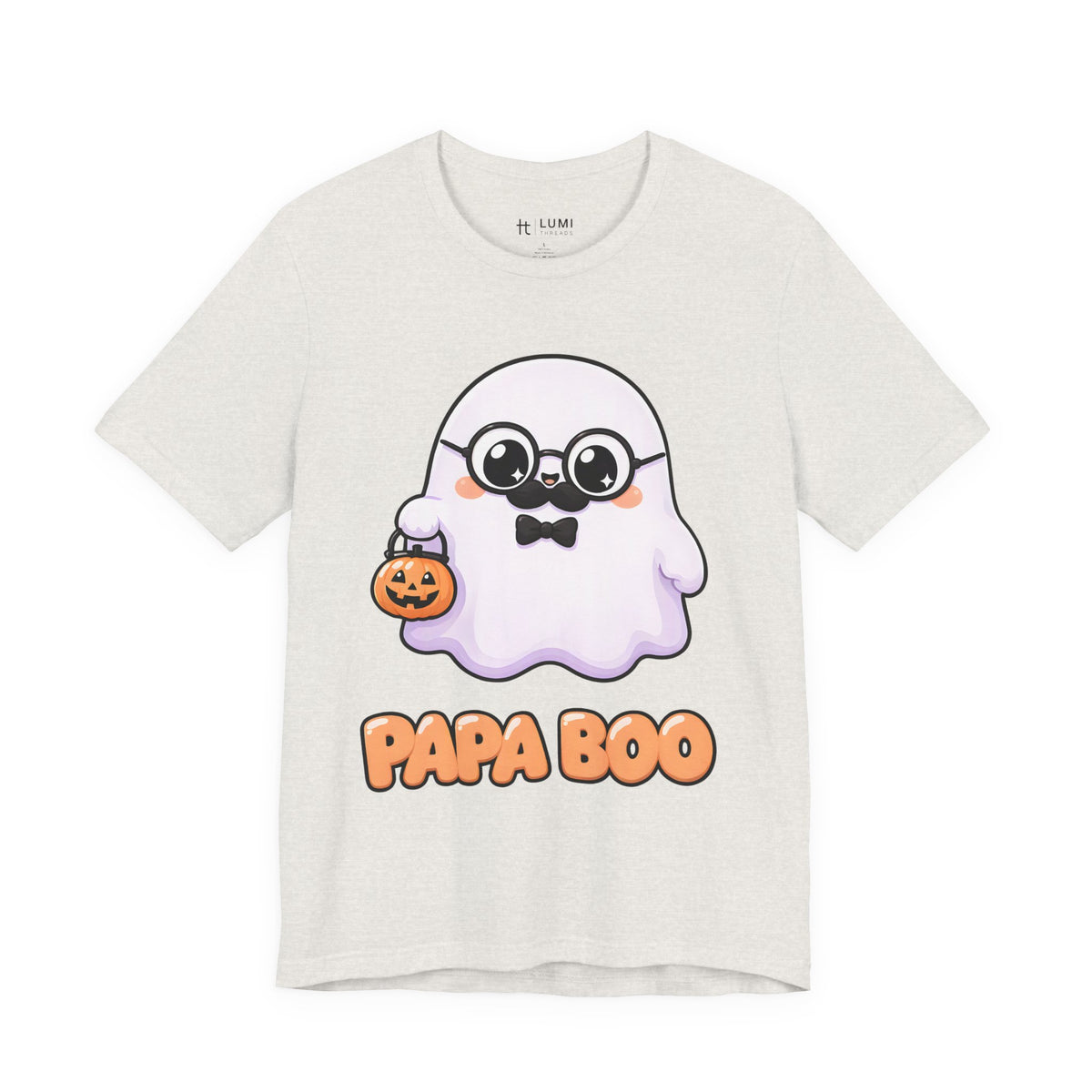 Papa Boo Cute Ghost Dad Halloween T-Shirt for Adults in Heather Cement, front