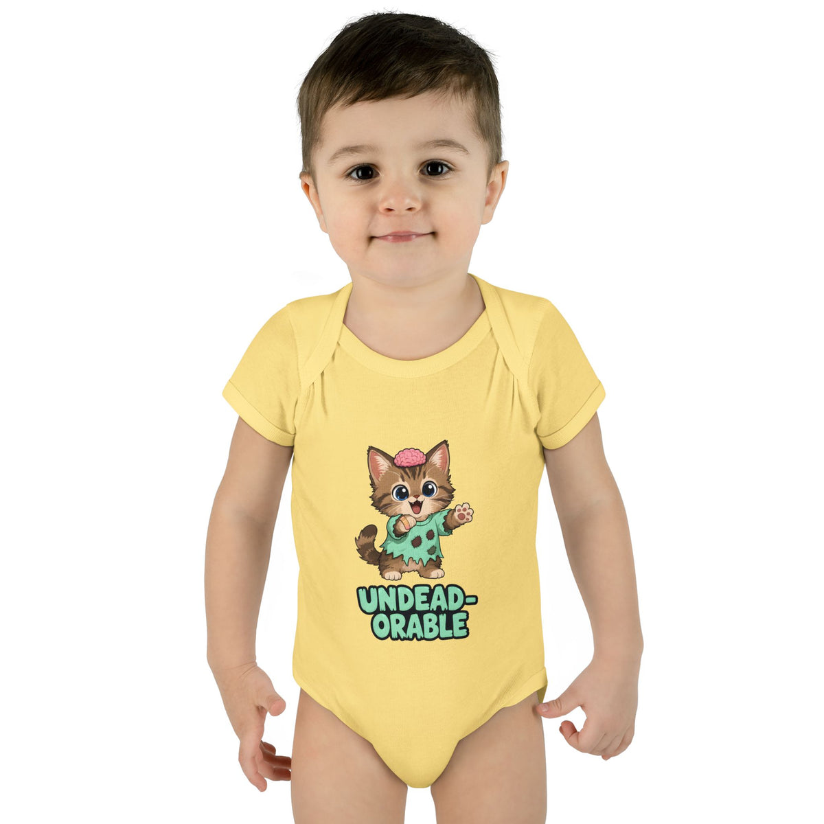 Toddler wearing the Undead-orable Zombie Kitten Baby Halloween Bodysuit in Banana