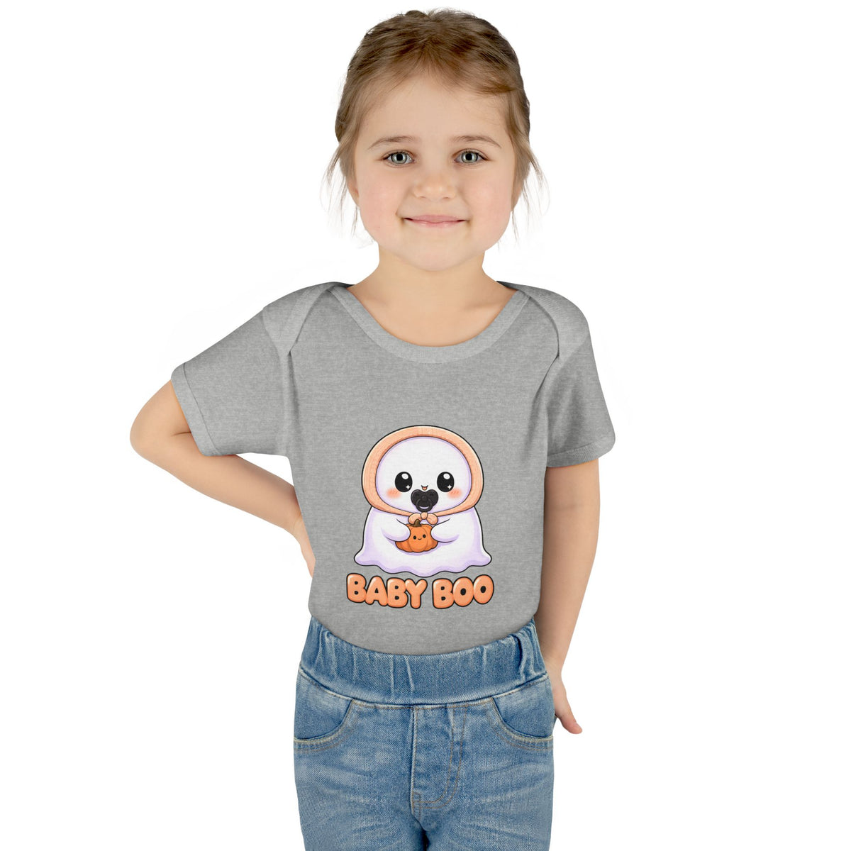 Toddler wearing the Baby Boo Cute Ghost Baby Halloween Bodysuit in Heather