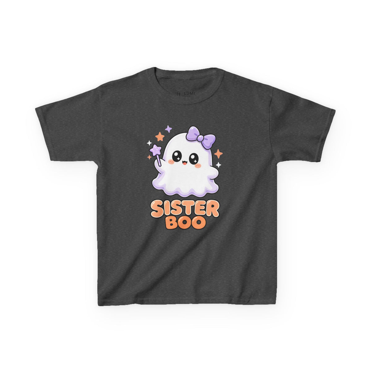 Sister Boo Cute Ghost Kids Halloween T-Shirt in Dark Heather, front