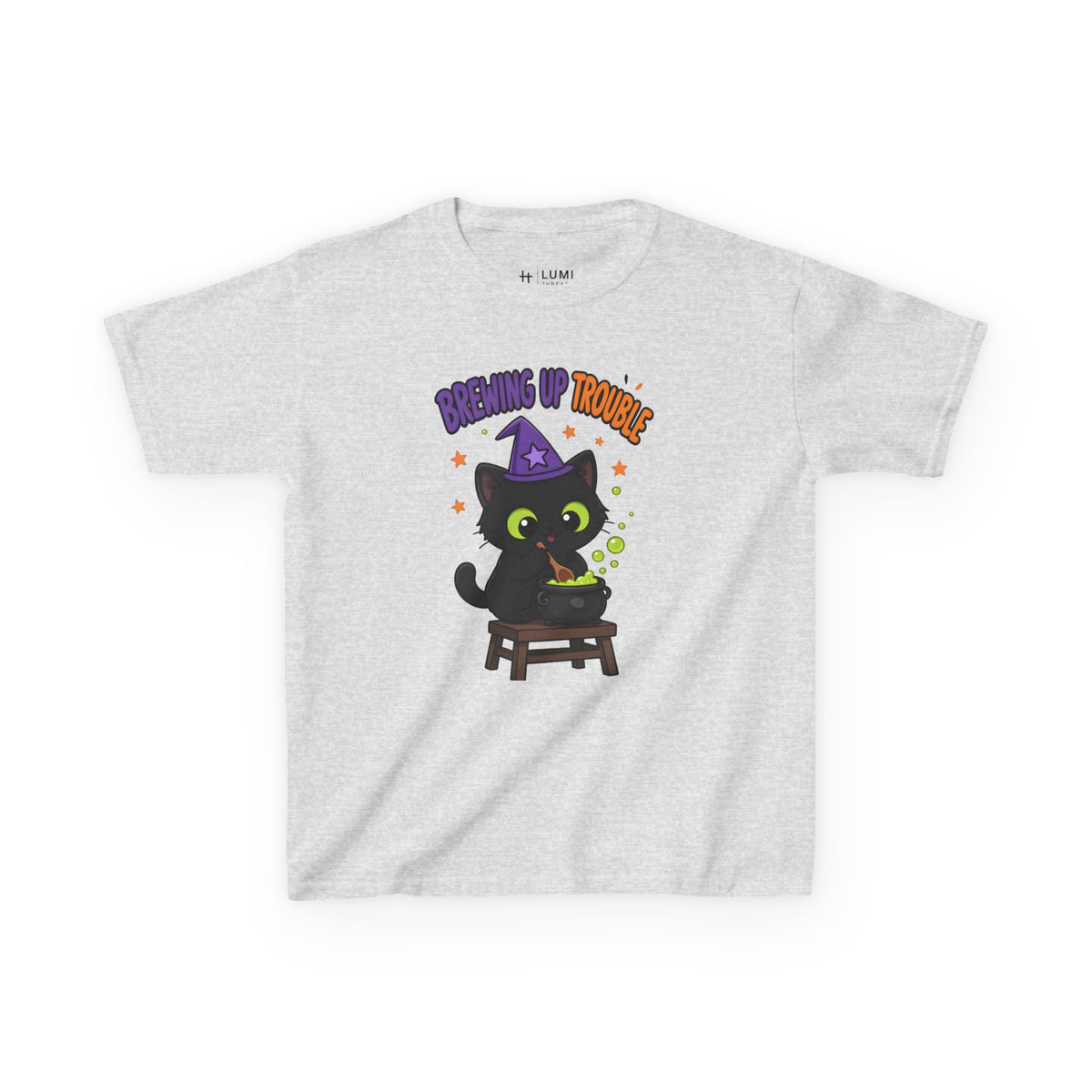 Brewing Up Trouble Black Cat Kids Halloween T-Shirt in Ash, front