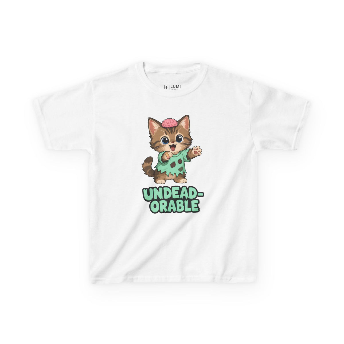 Undead-orable Zombie Kitten Kids Halloween T-Shirt in White, front