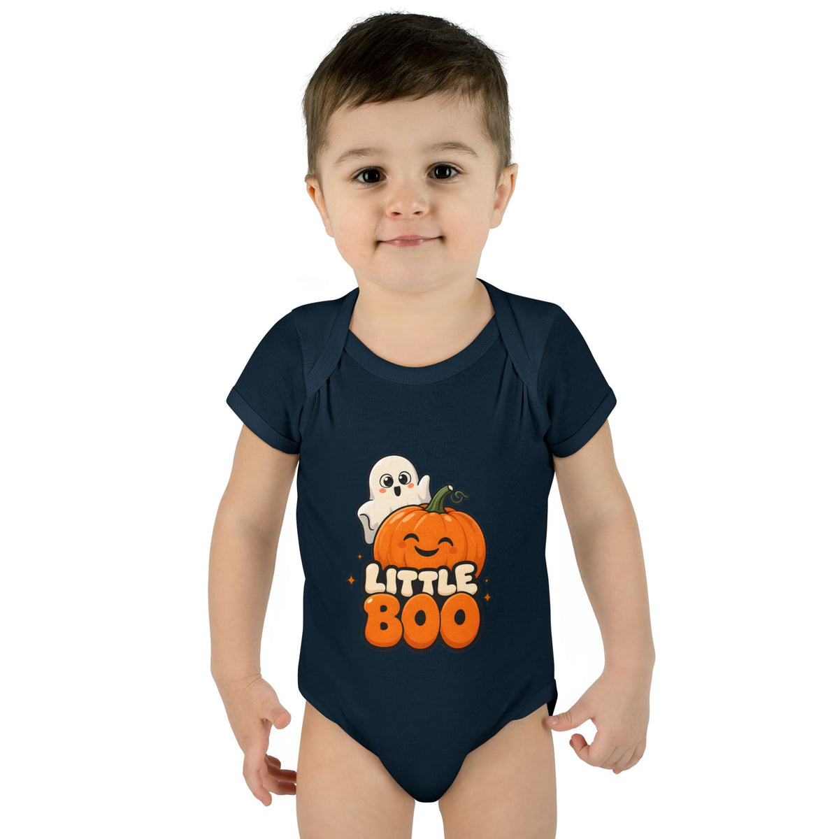 Toddler wearing the Little Boo Ghost and Pumpkin Baby Halloween Bodysuit in Navy