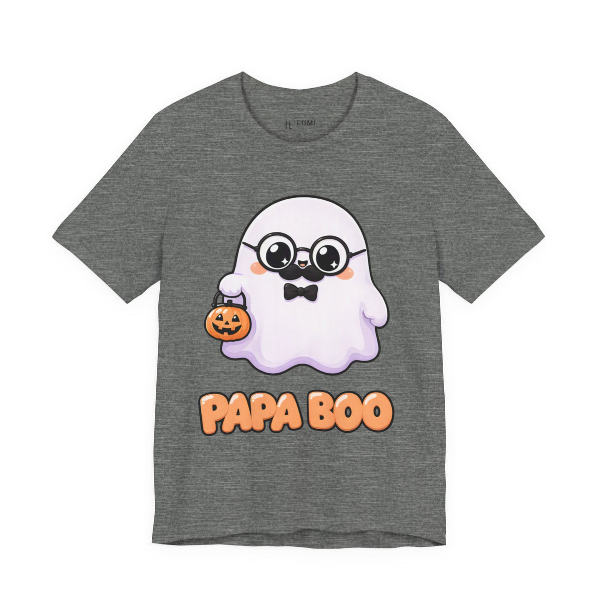 Papa Boo Cute Ghost Dad Halloween T-Shirt for Adults in Deep Heather, front