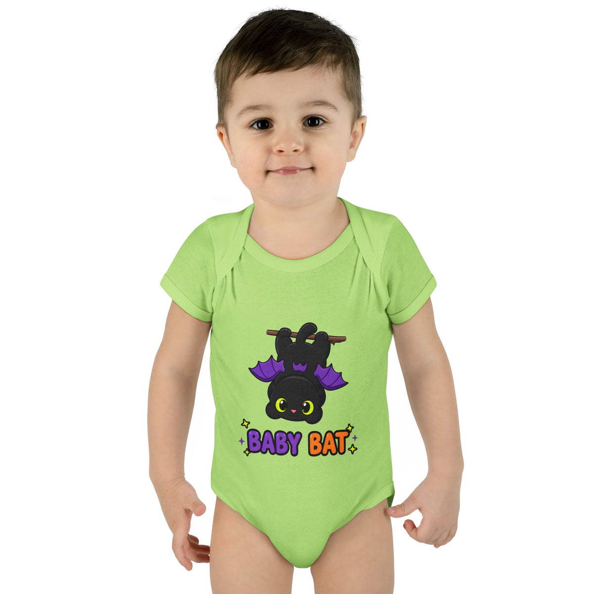 Toddler wearing the Baby Bat Black Cat Baby Halloween Bodysuit in Key Lime