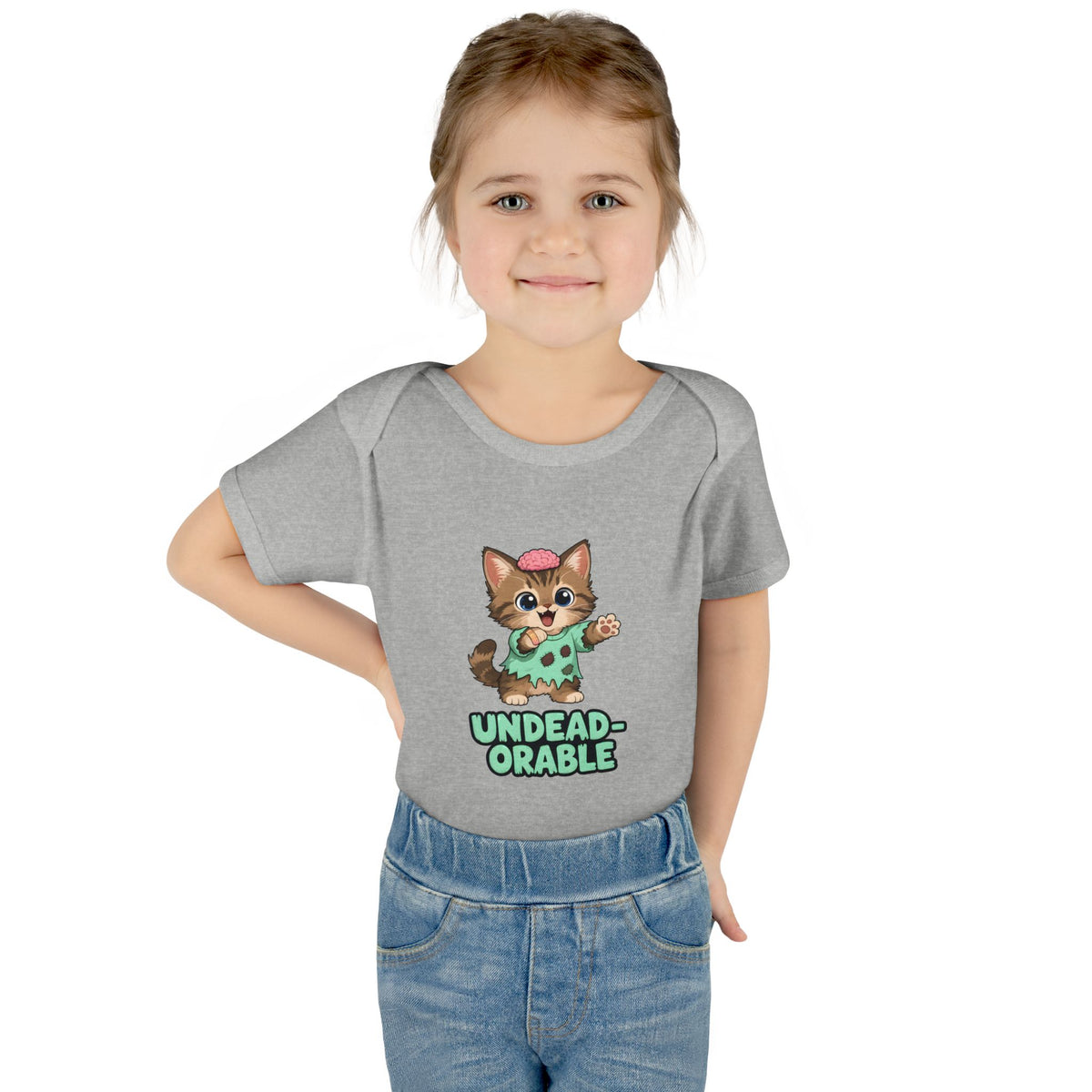 Toddler wearing the Undead-orable Zombie Kitten Baby Halloween Bodysuit in Heather