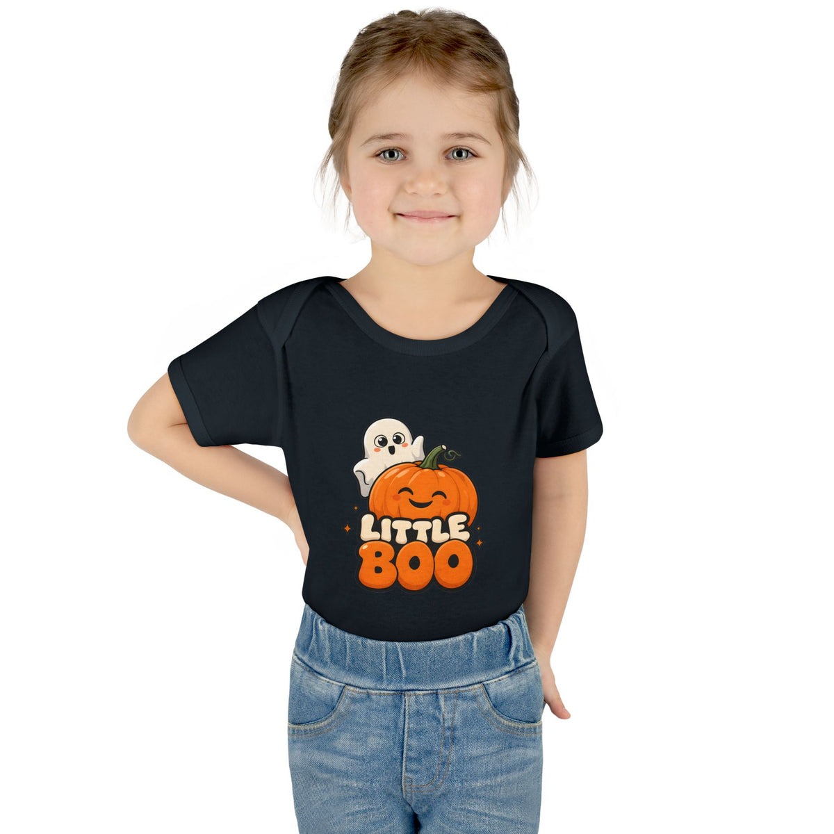 Toddler wearing the Little Boo Ghost and Pumpkin Baby Halloween Bodysuit in Black