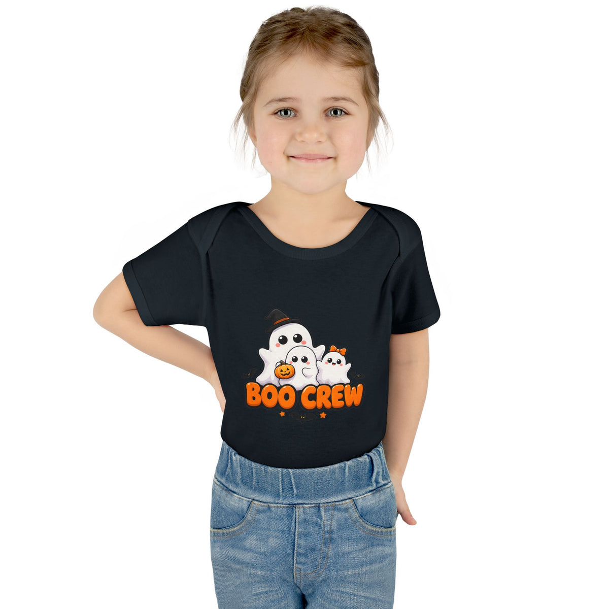 Toddler wearing the Boo Crew Cute Ghost Baby Halloween Bodysuit in Black
