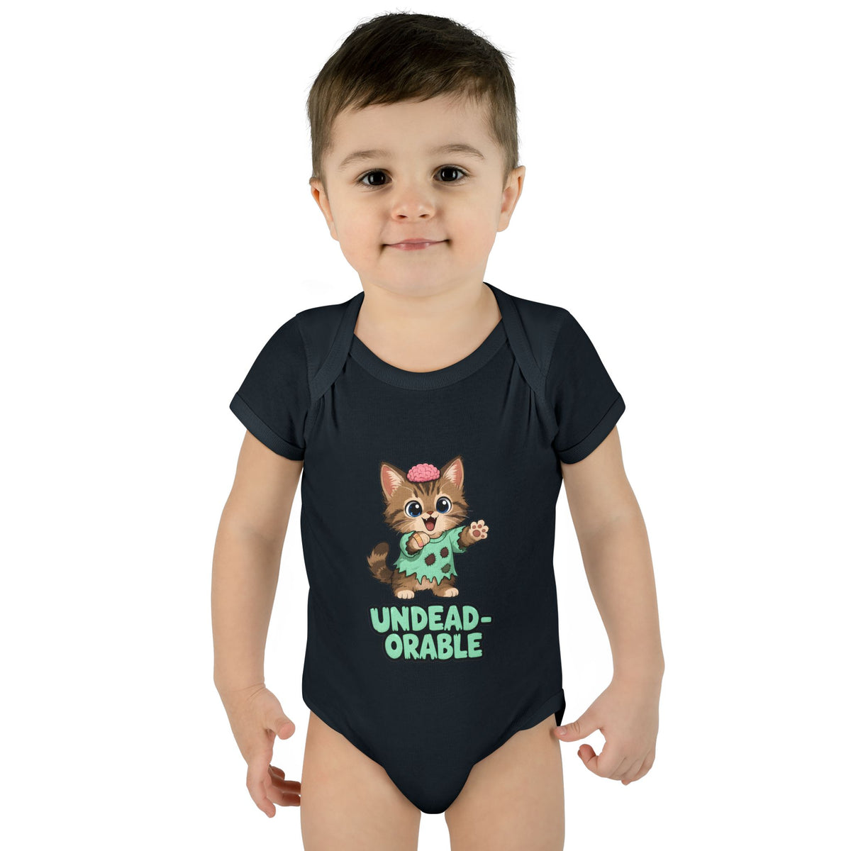 Toddler wearing the Undead-orable Zombie Kitten Baby Halloween Bodysuit in Black