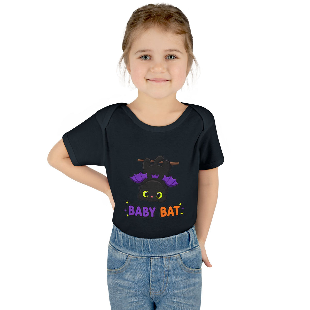 Toddler wearing the Baby Bat Black Cat Baby Halloween Bodysuit in Black