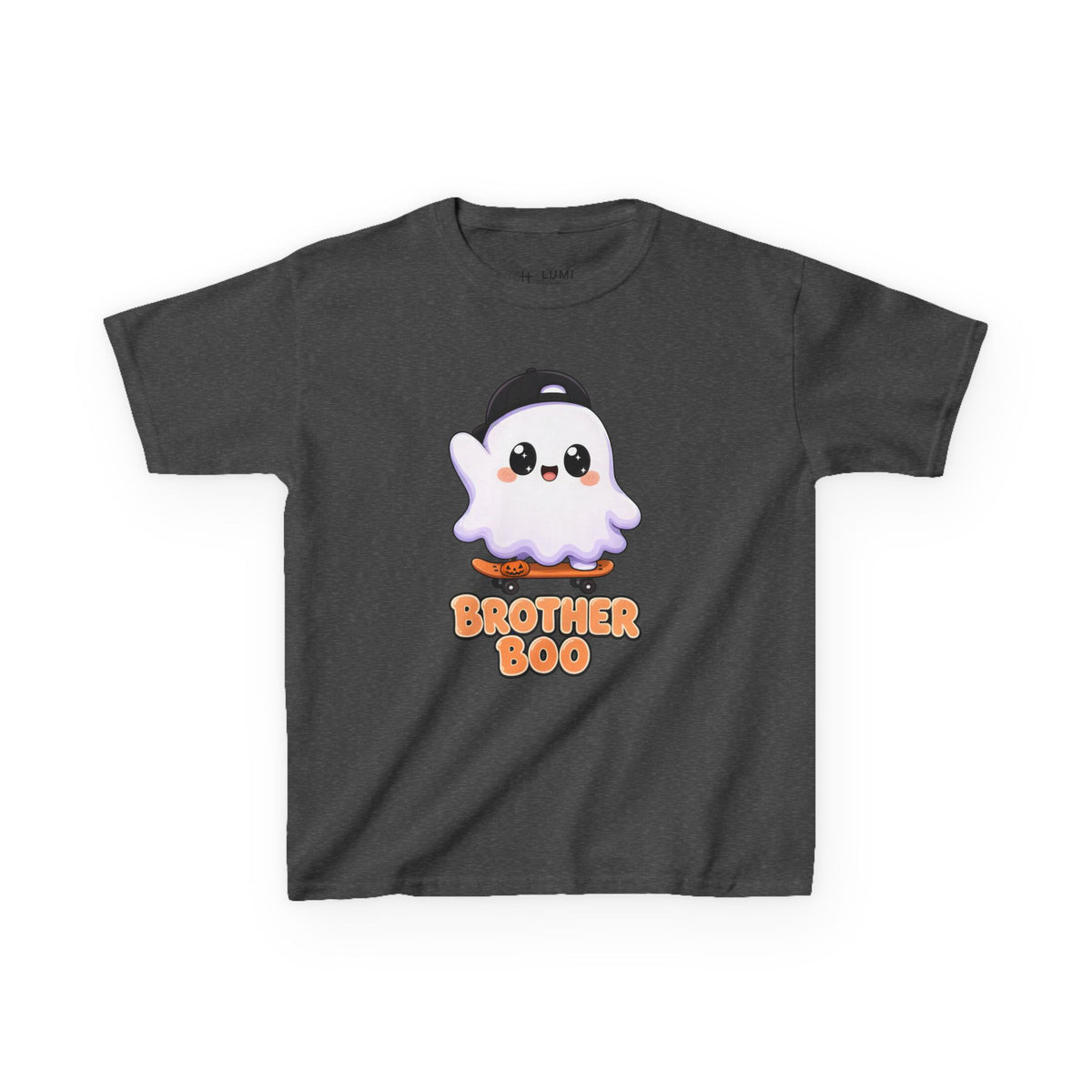 Brother Boo Skateboard Ghost Kids Halloween T-Shirt in Dark Heather, front