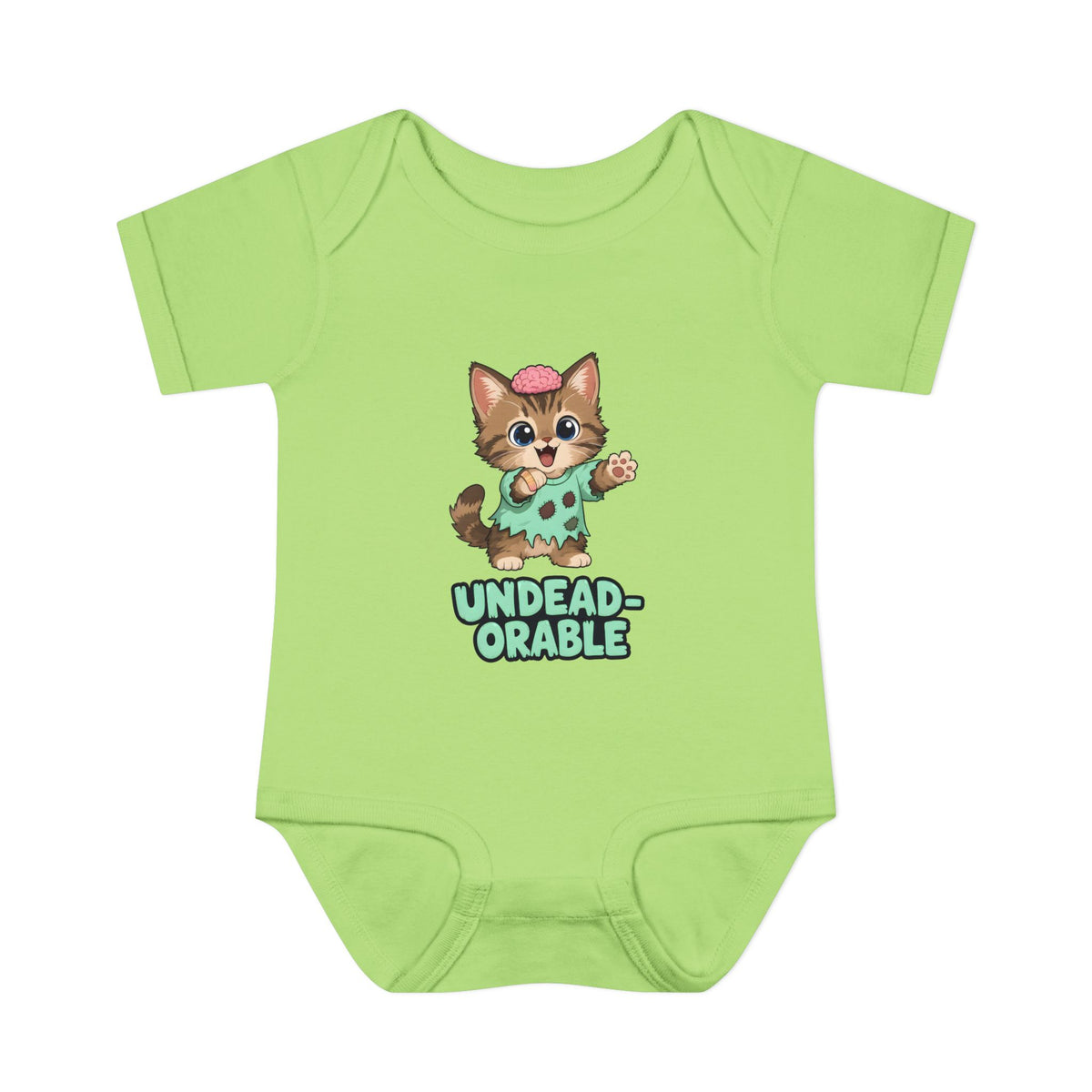 Undead-orable Zombie Kitten Baby Halloween Bodysuit in Key Lime, front