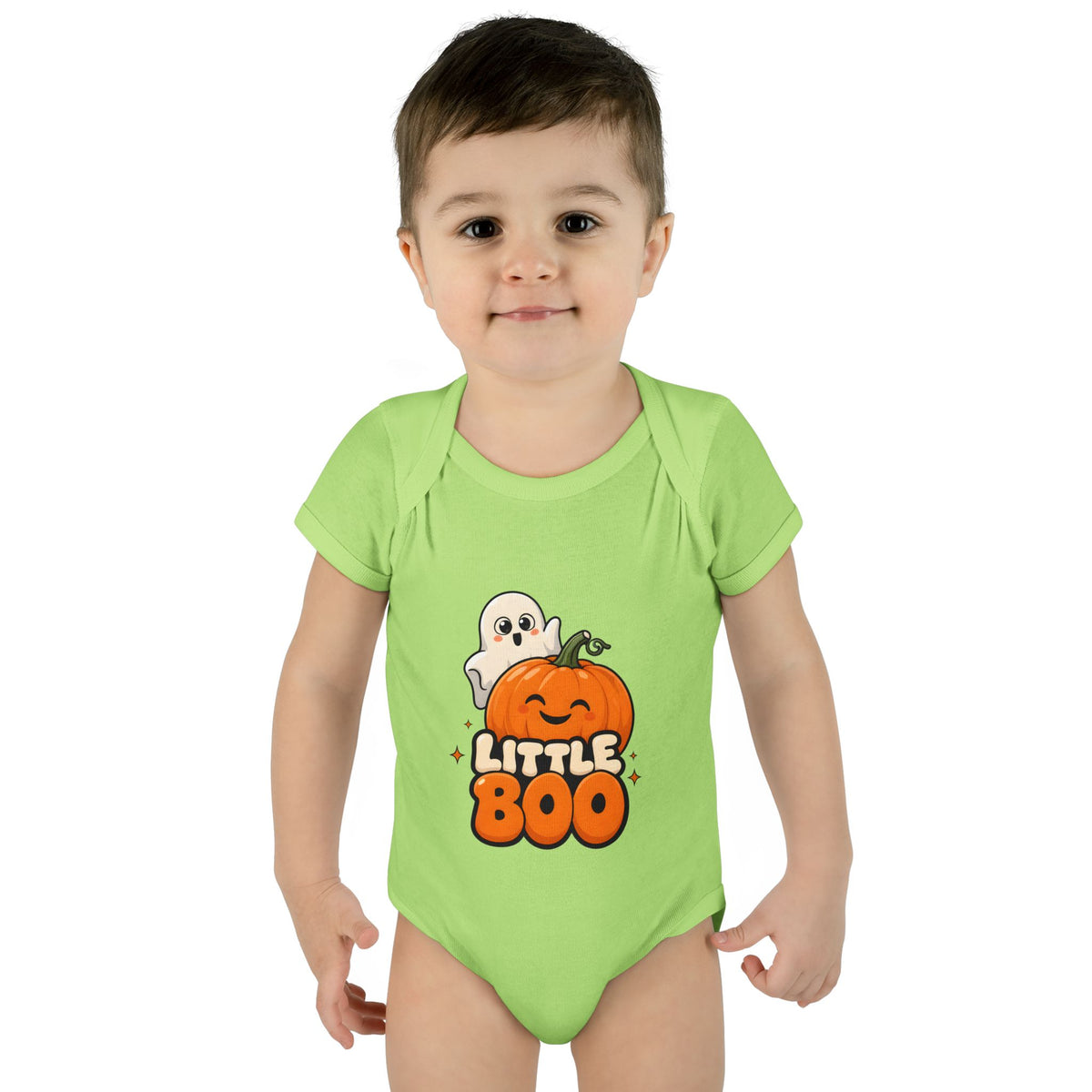 Toddler wearing the Little Boo Ghost and Pumpkin Baby Halloween Bodysuit in Key Lime