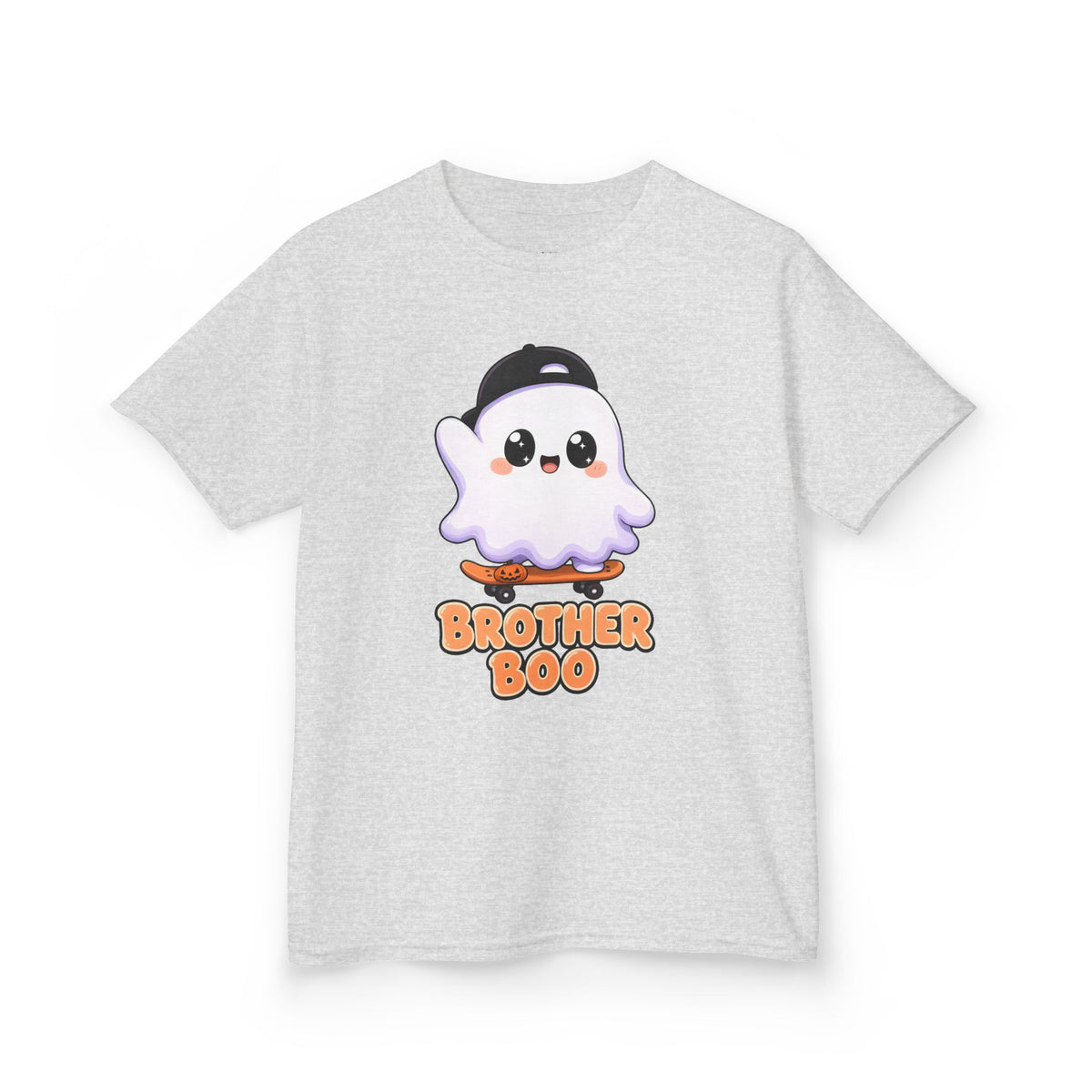 Brother Boo Skateboard Ghost Kids Halloween T-Shirt in Ash, front