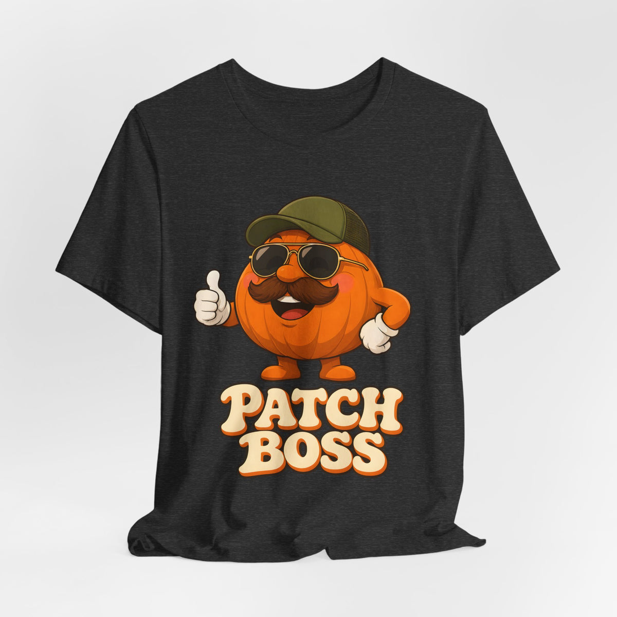 Patch Boss Funny Pumpkin Dad Halloween T-Shirt for Adults in Dark Grey Heather, front