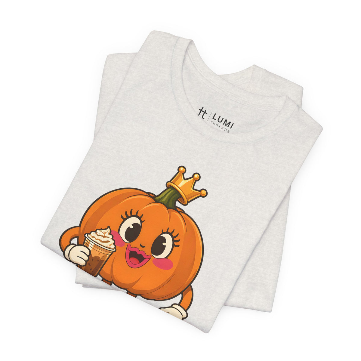 Pumpkin Queen Pumpkin Spice Halloween T-Shirt for Adults in Heather Cement, folded