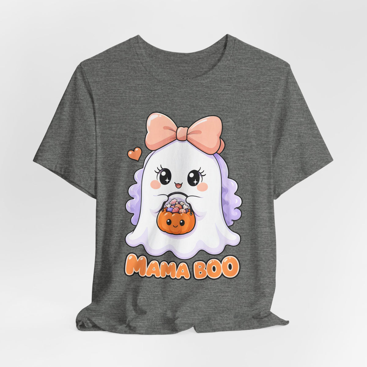 Mama Boo Cute Ghost Mom Halloween T-Shirt for Adults in Deep Heather, front