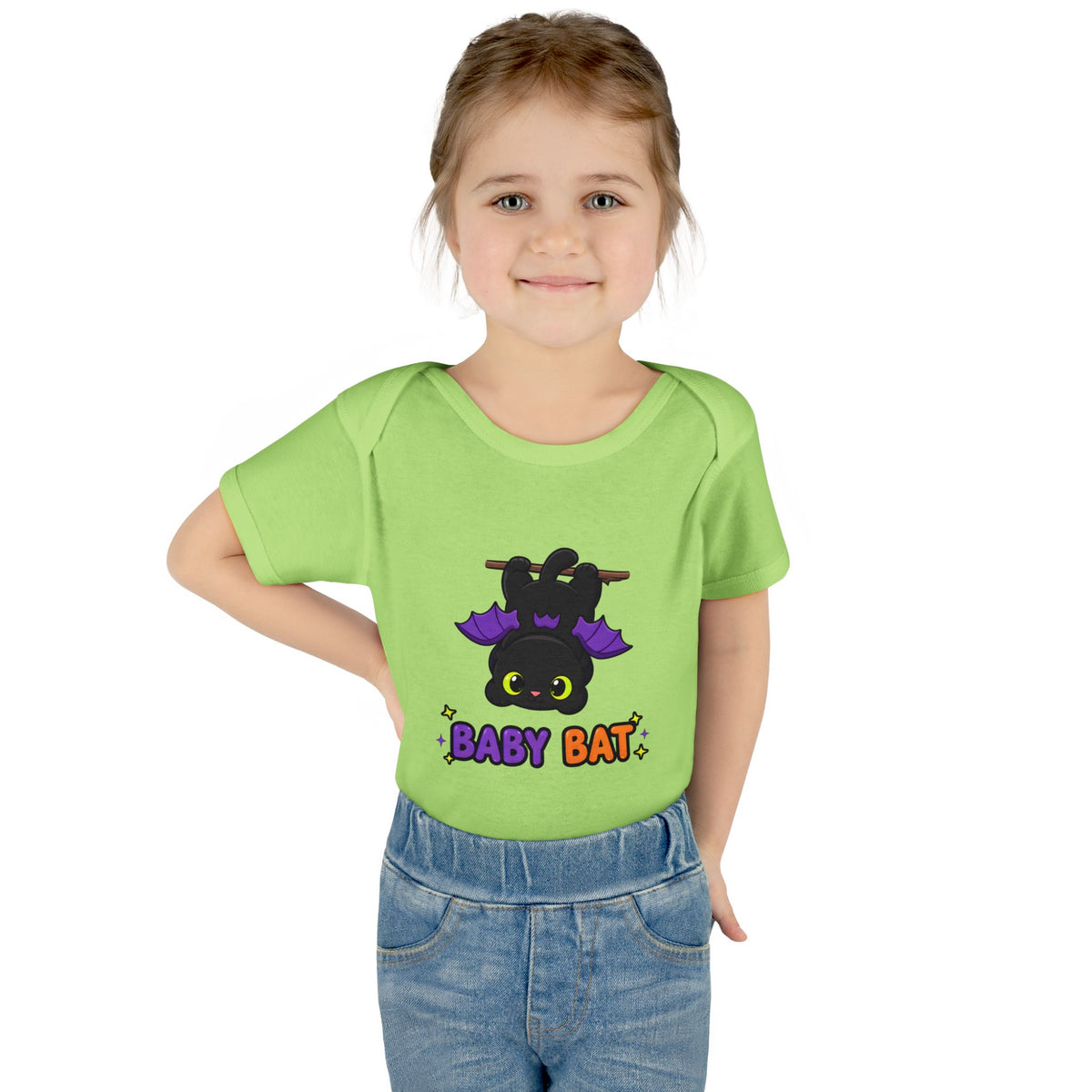 Toddler wearing the Baby Bat Black Cat Baby Halloween Bodysuit in Key Lime