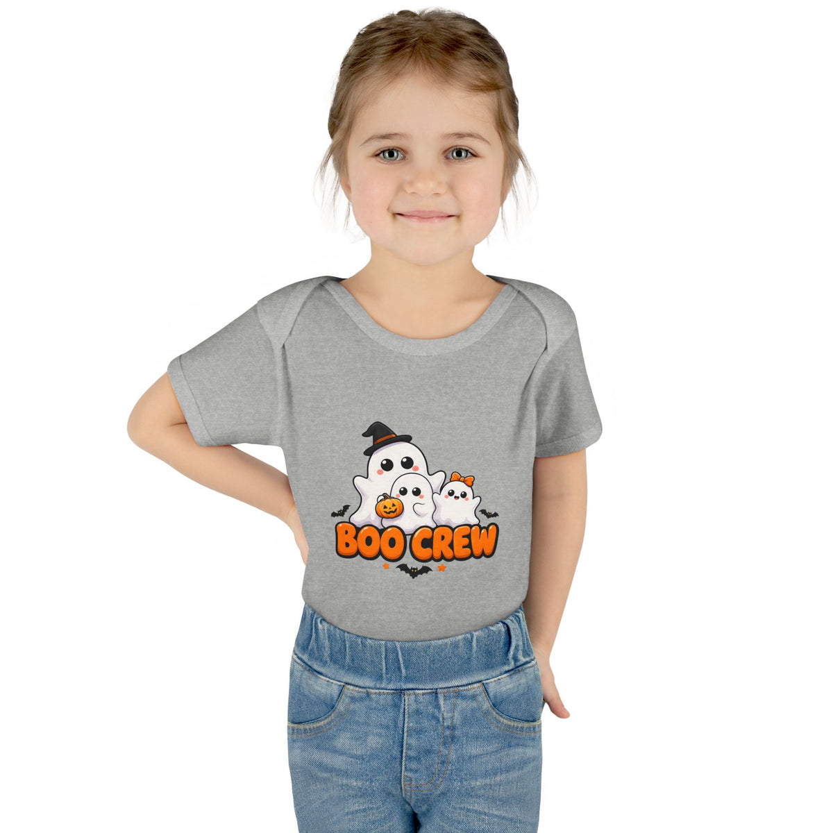 Toddler wearing the Boo Crew Cute Ghost Baby Halloween Bodysuit in Heather