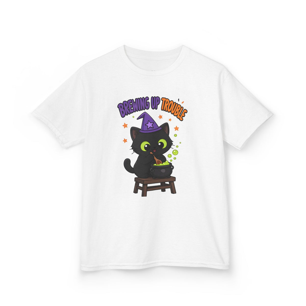 Brewing Up Trouble Black Cat Kids Halloween T-Shirt in White, front