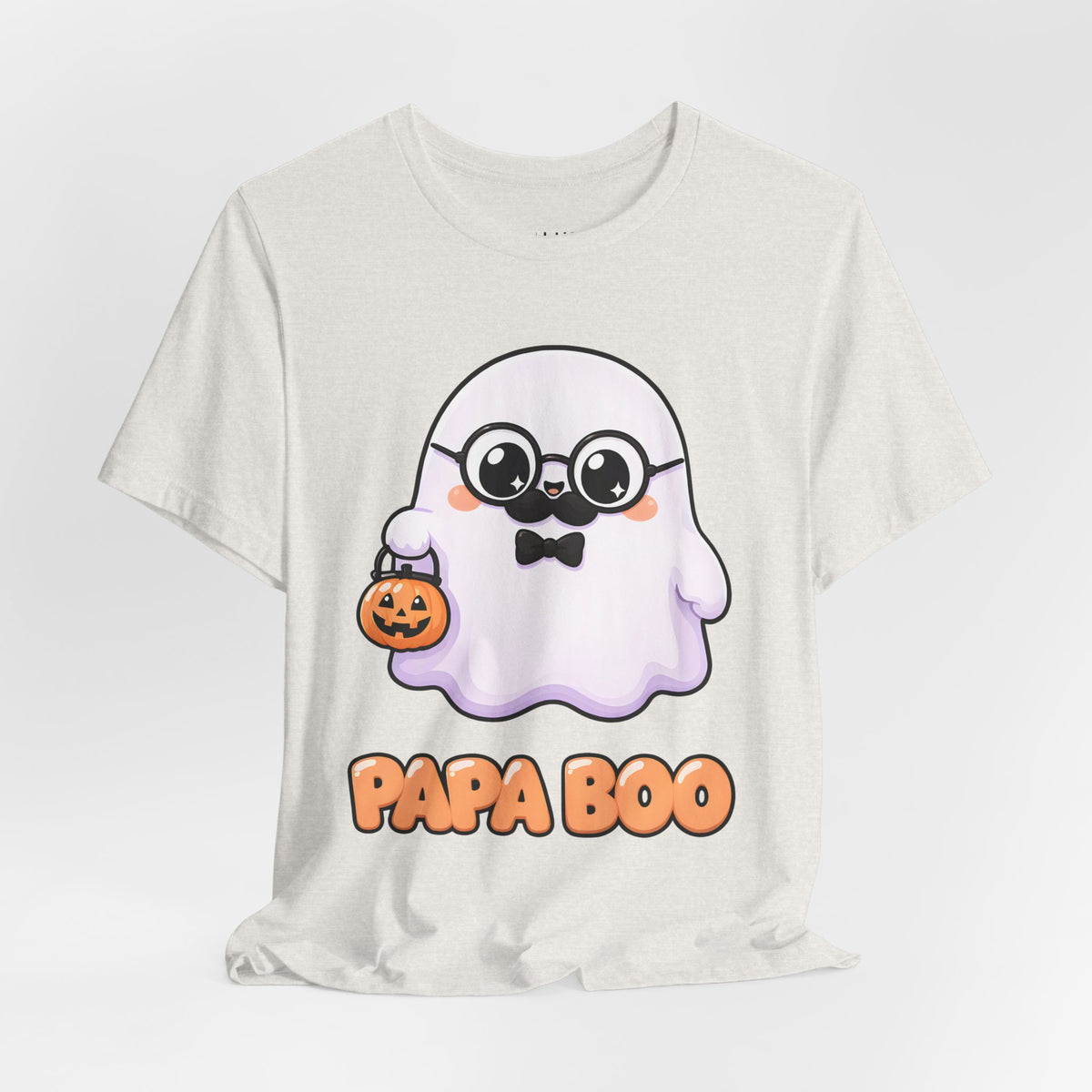 Papa Boo Cute Ghost Dad Halloween T-Shirt for Adults in Heather Cement, front
