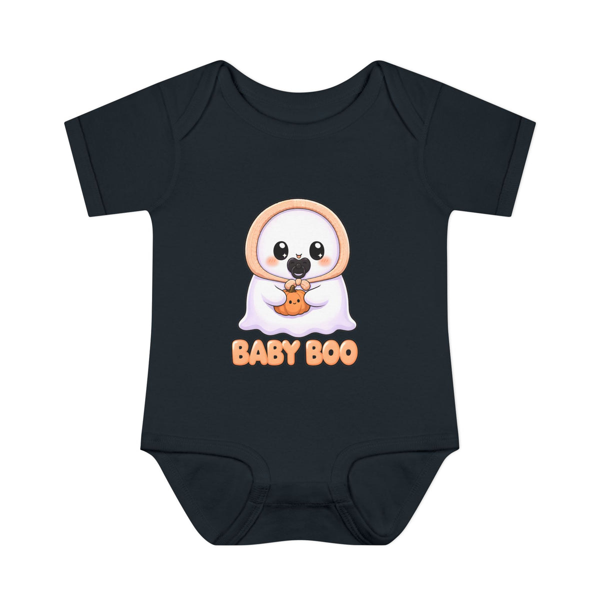 Baby Boo Cute Ghost Baby Halloween Bodysuit in Black, front