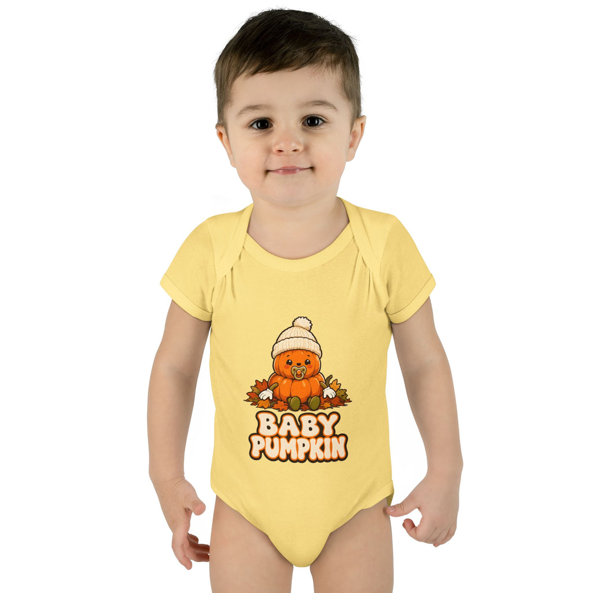 Toddler wearing the Baby Pumpkin First Halloween Baby Bodysuit in Banana