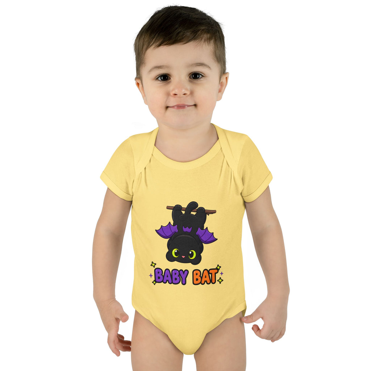 Toddler wearing the Baby Bat Black Cat Baby Halloween Bodysuit in Banana
