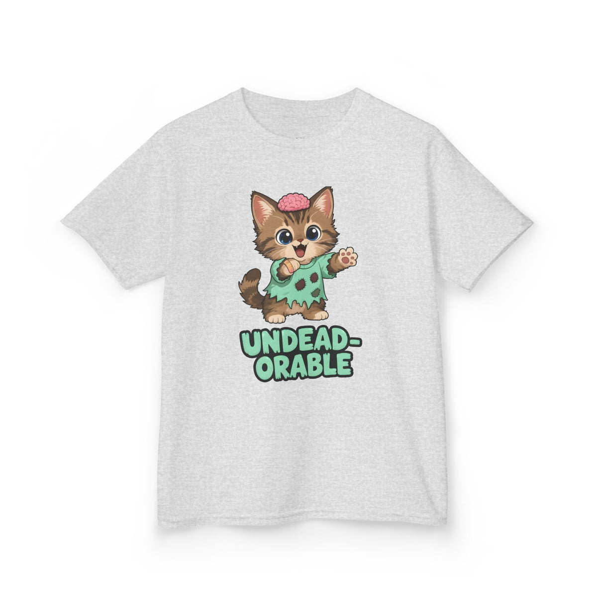 Undead-orable Zombie Kitten Kids Halloween T-Shirt in Ash, front