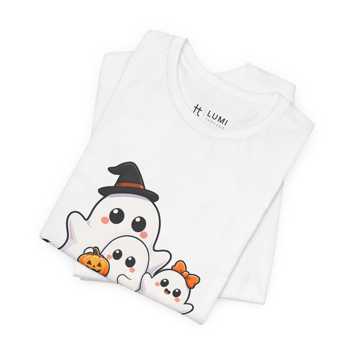Boo Crew Cute Ghost Halloween T-Shirt for Adults in White, folded