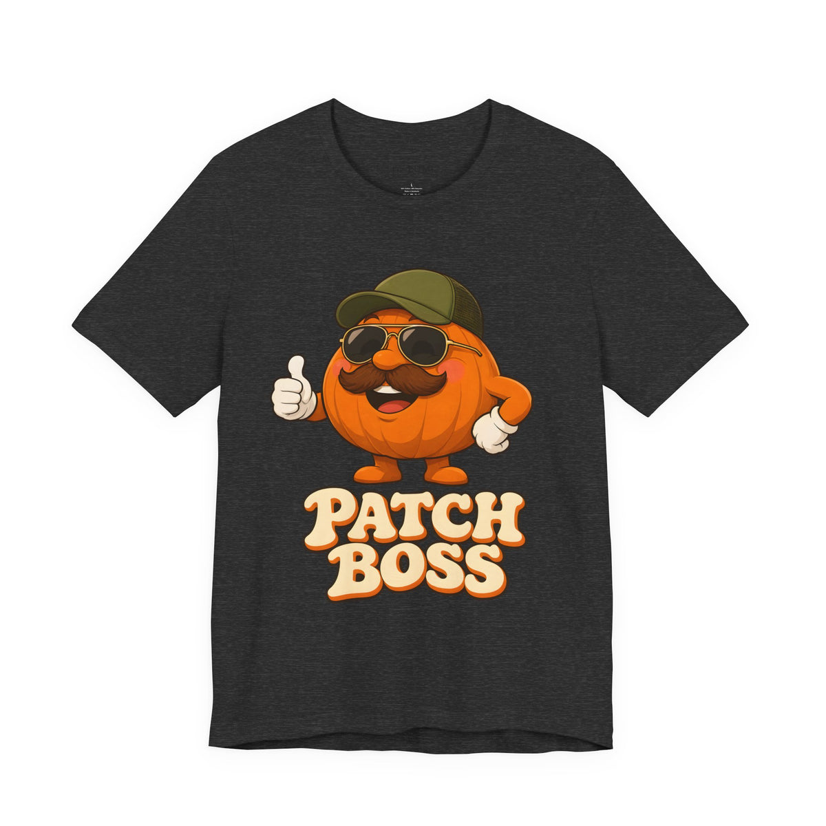 Patch Boss Funny Pumpkin Dad Halloween T-Shirt for Adults in Dark Grey Heather, front