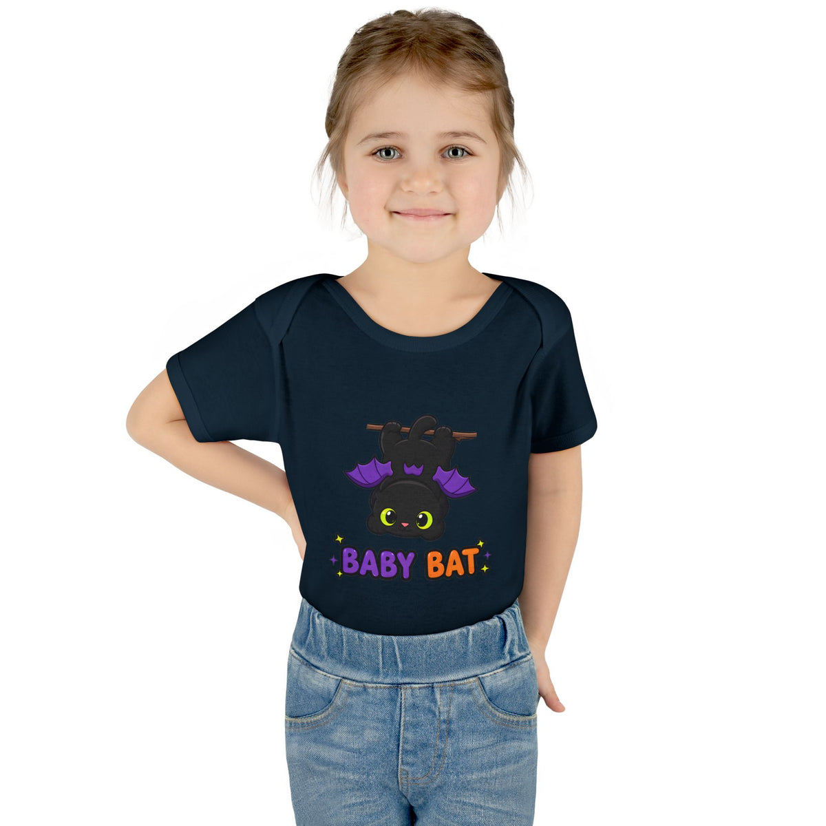 Toddler wearing the Baby Bat Black Cat Baby Halloween Bodysuit in Navy