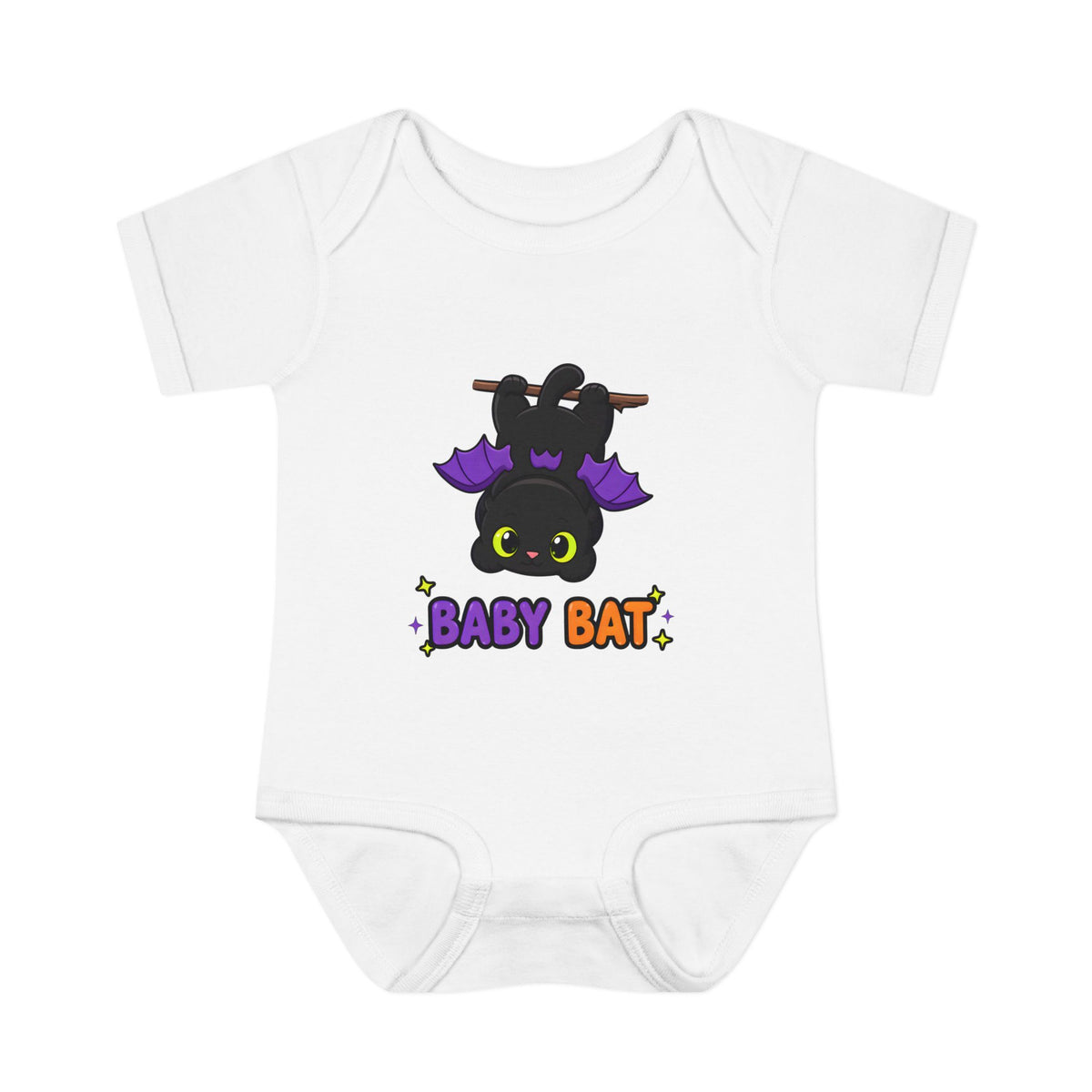 Baby Bat Black Cat Baby Halloween Bodysuit in White, front