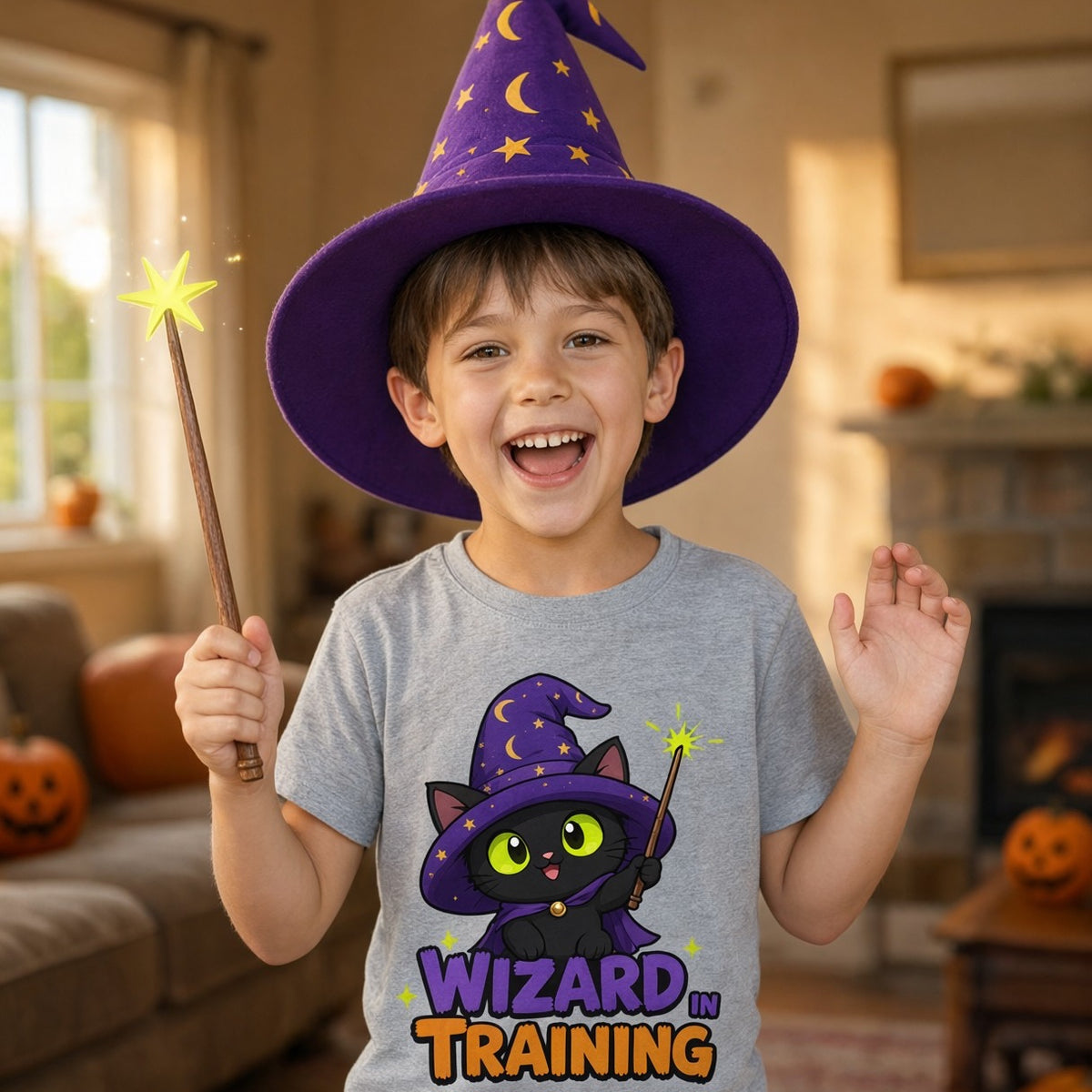 Child wearing the Wizard in Training Black Cat Kids Halloween T-Shirt