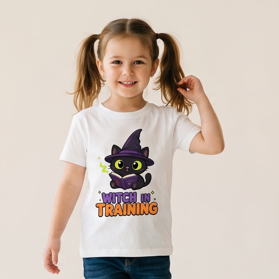 Child wearing the Witch in Training Black Cat Kids Halloween T-Shirt