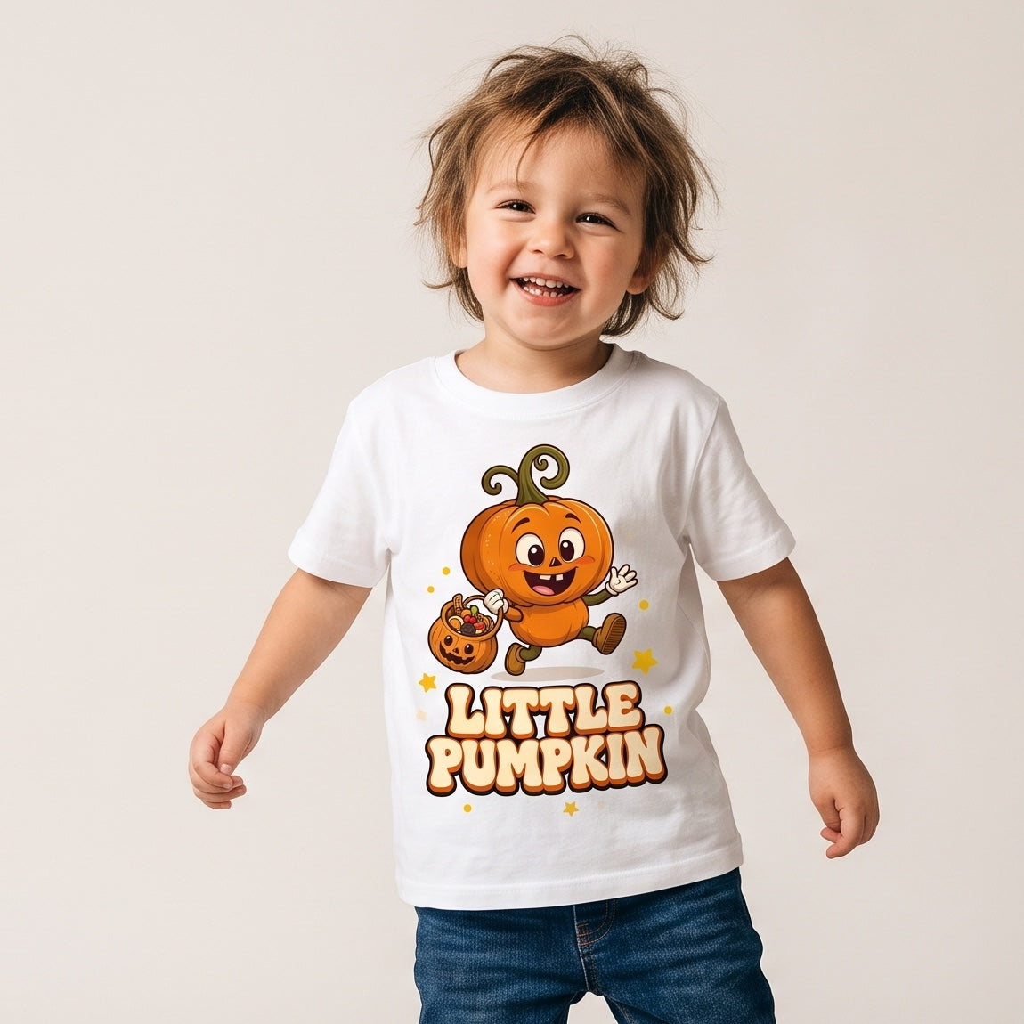 Child wearing the Little Pumpkin Trick-or-Treat Kids Halloween T-Shirt