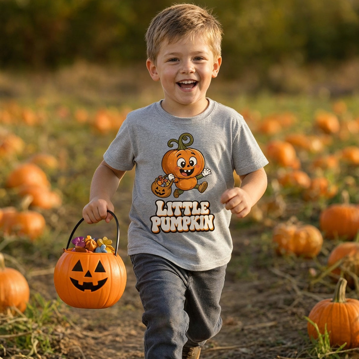 Child wearing the Little Pumpkin Trick-or-Treat Kids Halloween T-Shirt