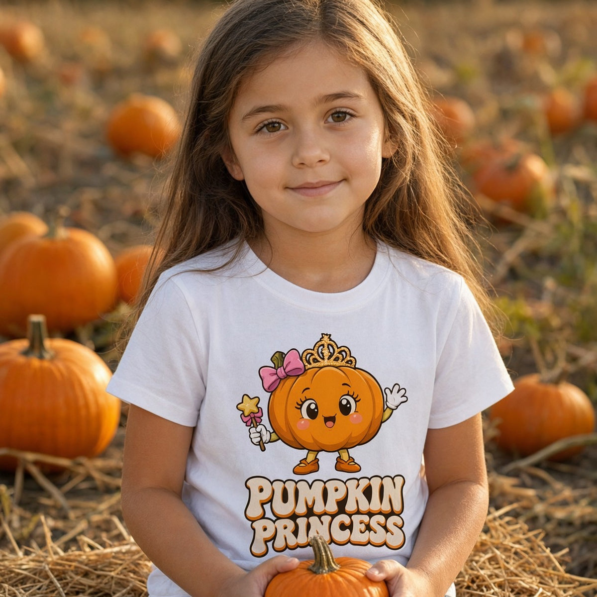 Child wearing the Pumpkin Princess Kids Halloween T-Shirt