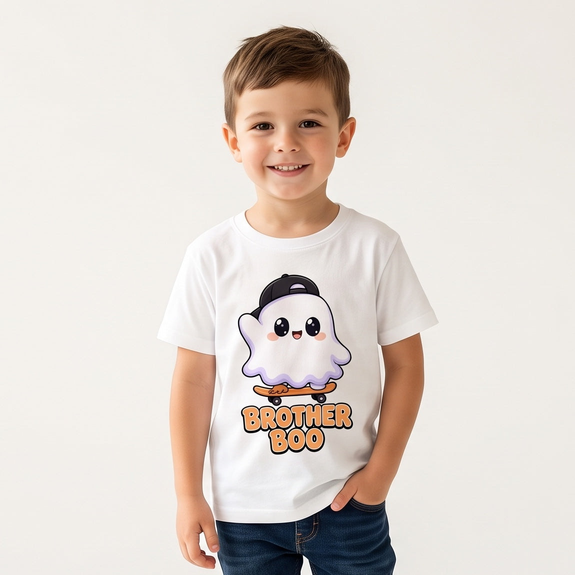 Child wearing the Brother Boo Skateboard Ghost Kids Halloween T-Shirt